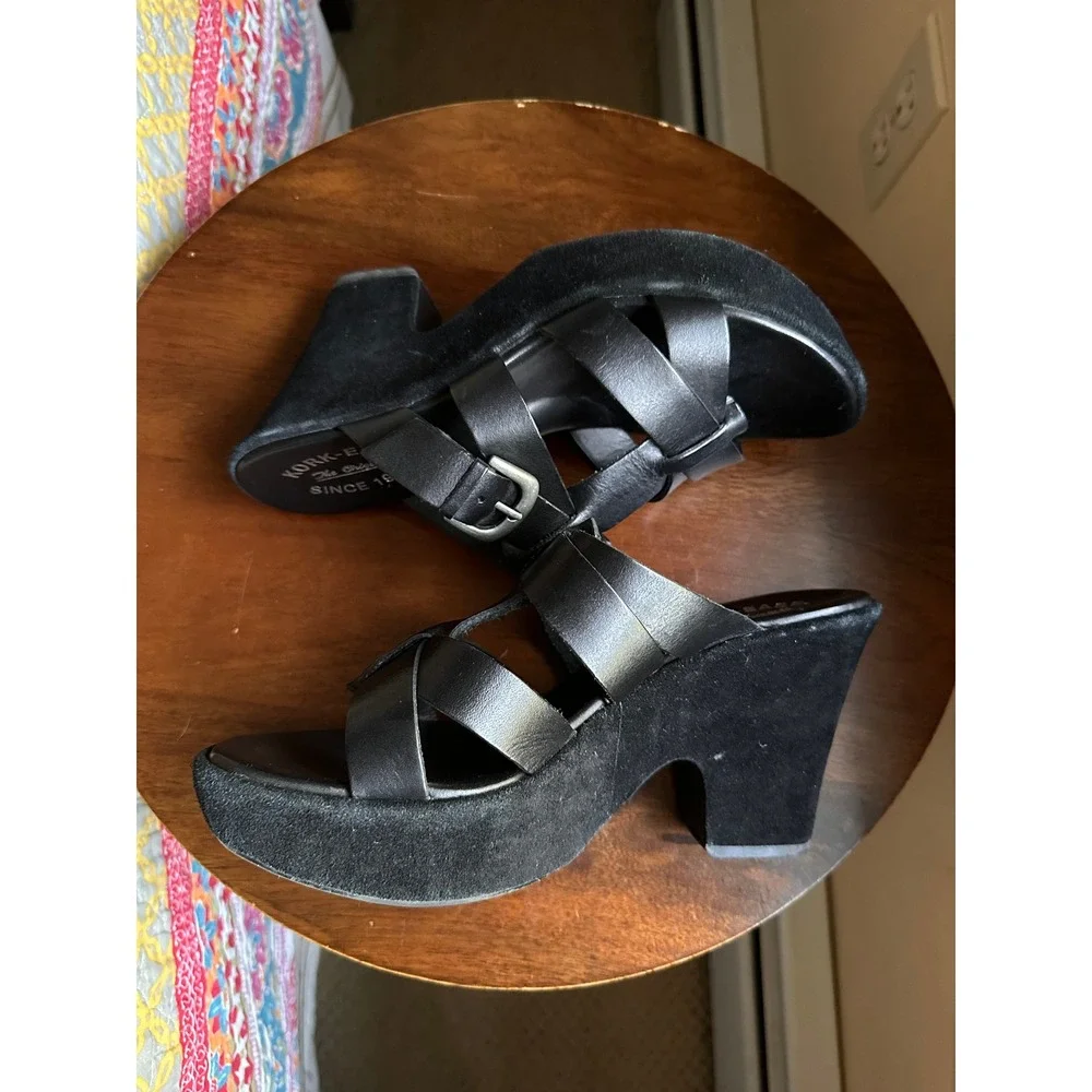Kork-Ease Black Leather Strappy Platform Block Heel Sandals K3063 Size 8/39